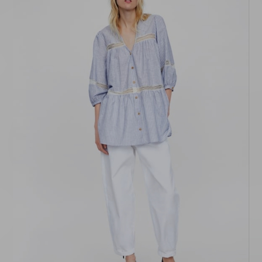 Zara Blue & White Striped Lace Button Blouse Top Shirt Size- XS